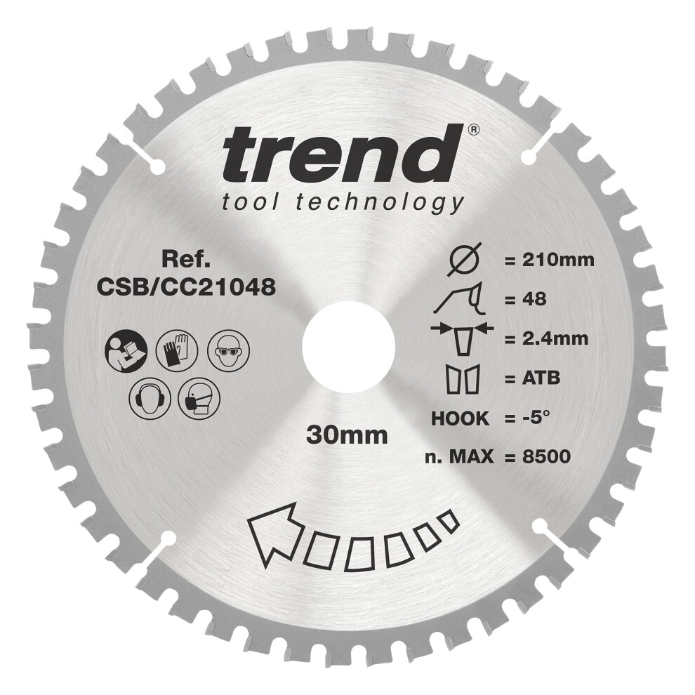 Trend Wood Mitre Saw Blade, 210Mm Diameter, 30Mm Bore, 48 Teeth, 2.4Mm Kerf, -5 Hook, Tct, Fine Finish, Csb/Cc21048