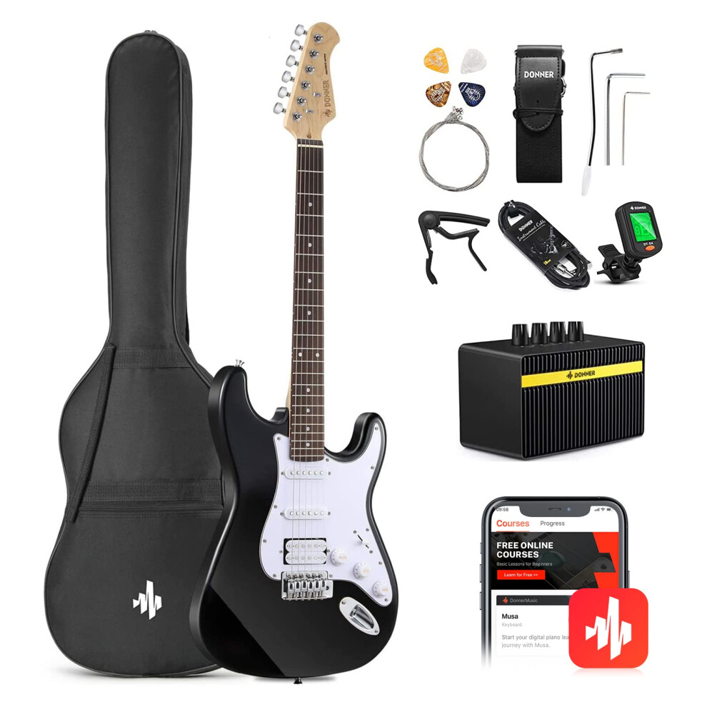 Donner 39 Inch Electric Guitar Beginner Kit Black Full-Size Starter Package HSS Pick Up with All Accessories Amp Online Lesson Bag Tuner Capo Strap S