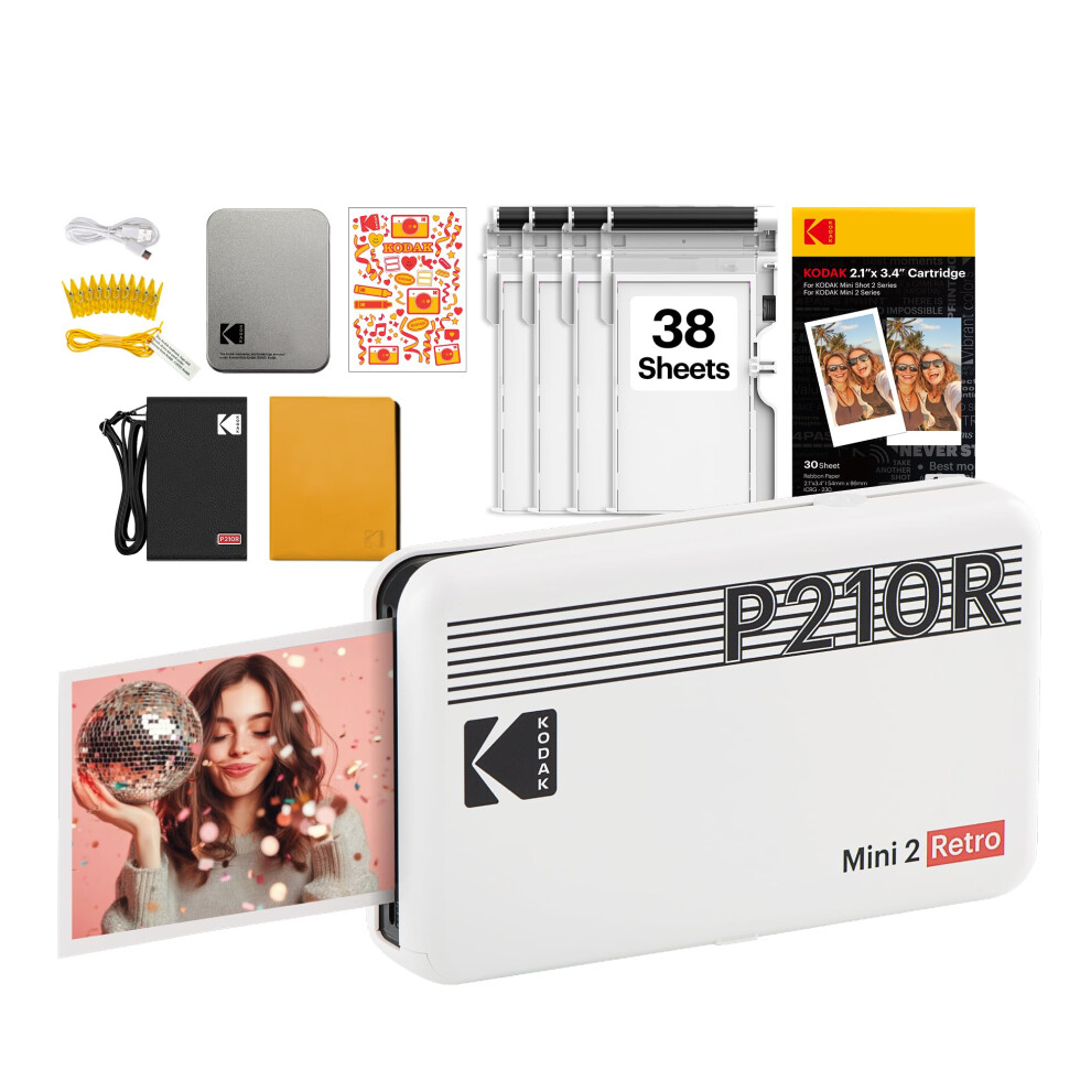Photos - Printer Kodak Mini 2 Retro 4PASS Portable Photo   Initial 8 Sheets + 30 Sheet Pack, Gift Bundle, White (2.1x3.4 inches)