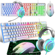 Gaming Keyboard Headset & Mouse Set, 104 Keys Rainbow Backlit UK Layout Keyboard 2400DPI Lightweight Honeycomb Headset Mouse Pad Combo for PS4 Xbox (N