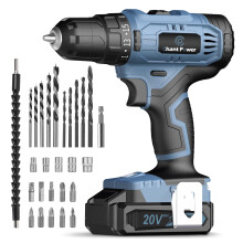 C P CHANTPOWER 20V Cordless Power Electric Drill Set with Battery and Charger, 16+1 Torque Setting, 2 Variable Speed, 10mm Keyless Chuck, Built-in LED