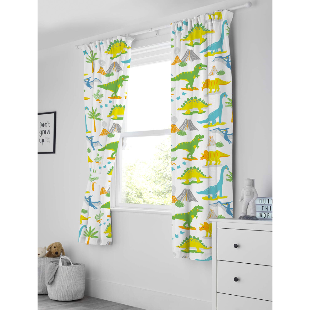 Bloomsbury Mill - Kids Curtains For Boys & Girls Bedroom - Jurassic Dinosaur Design - Lined Curtain Pair With Tiebacks