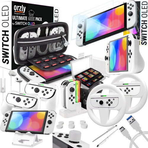 Orzly Accessories Kit bundle Compatible with Nintendo Switch OLED Console (NOT 2017 Edition compatible) Ultimate Geek Pack with Case and screen protec
