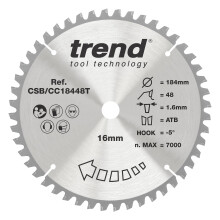 Trend Wood Cordless Mitre Saw Blade, 184mm Diameter, 16mm Bore, 48 Teeth, 1.6mm Kerf, -5 Hook, TCT, Fine Finish, CSB/CC18448T