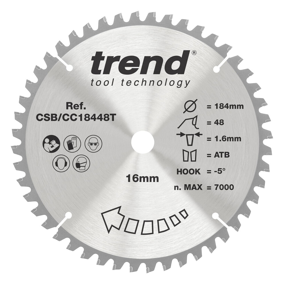 Trend Wood Cordless Mitre Saw Blade, 184Mm Diameter, 16Mm Bore, 48 Teeth, 1.6Mm Kerf, -5 Hook, Tct, Fine Finish, Csb/Cc18448t