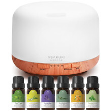 ASAKUKI 500ml Essential Oil Diffuser with 6*10ml Oils Set, Oil Diffusers Cool Mist with Remote Control, 14 LED Colours, Auto Shut Off & Timer for Home