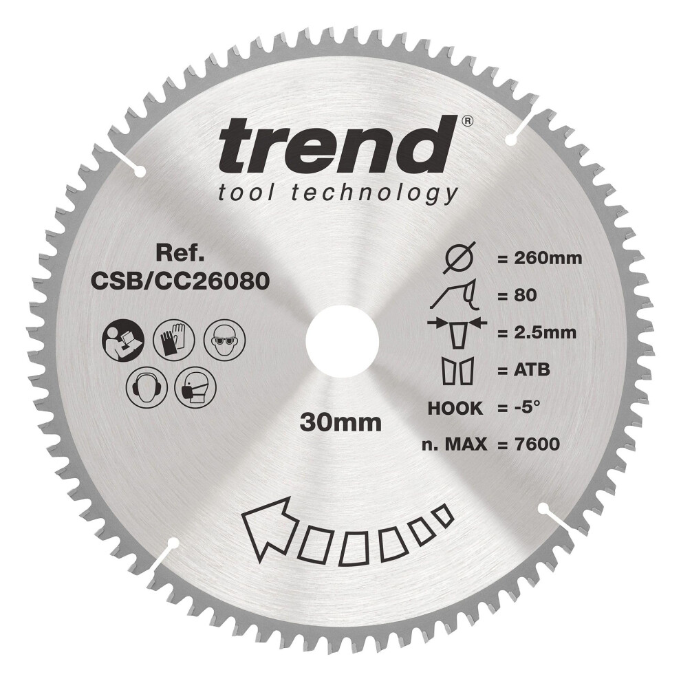 Trend Wood Mitre Saw Blade, 260Mm Diameter, 30Mm Bore, 80 Teeth, 2.5Mm Kerf, -5 Hook, Tct, Extra-Fine Finish, Csb/Cc26080