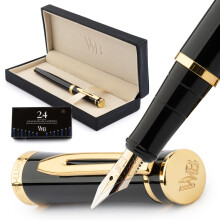 Wordsworth & Black - Wide Fountain Pen Set Includes 24 Ink Cartridges, Ink Refill Converter and Gift Case, Chrome Finish, Calligraphy, Gold and Black