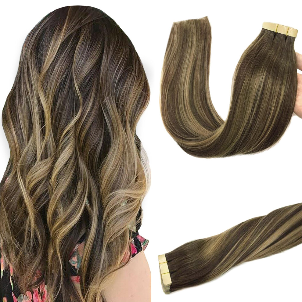 Goo Goo Unisex Brown Tape In Hair Extensions Human Hair, 20Pcs 50G 16Inch, Balayage Chocolate To Strawberry Blonde Real Remy Hair Extensions Seamless Straigh