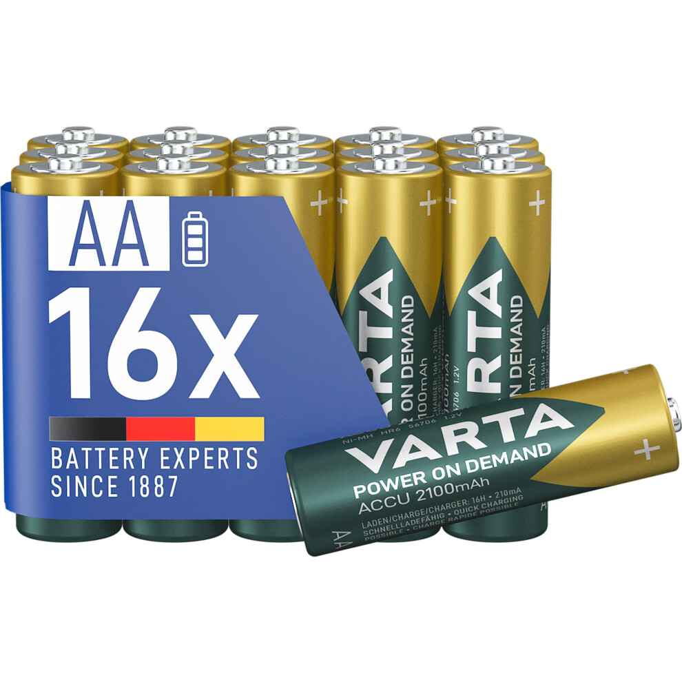 Varta Power On Demand Ready2use Pre-Charged Aa Mignon (2100 Mah Ni-Mh Battery, Rechargeable Without Memory Effect, Ready To Use) Pack Of 16