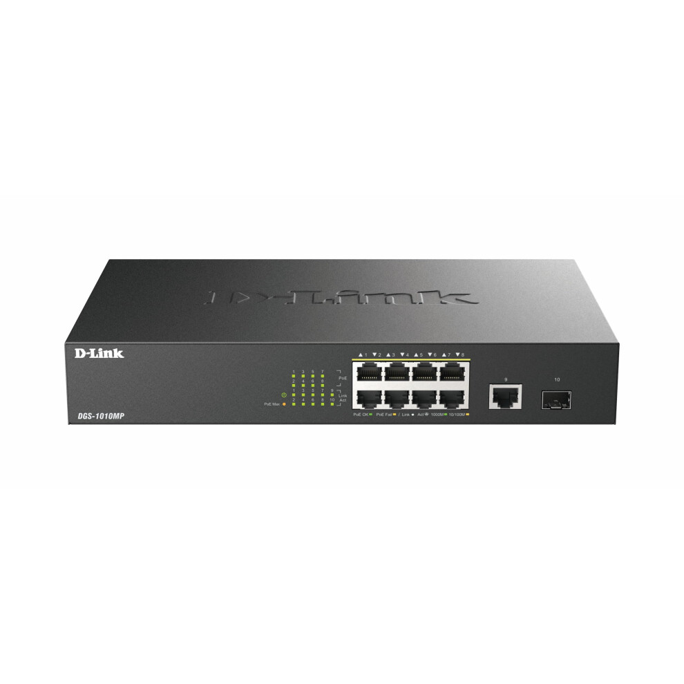 D-Link Dgs-1010Mp/M 10 Port Gigabit Max Poe Switch, 8 Gigabit 30W Poe+ Ports, 125W Power Budget, Sfp Fibre Uplink, Fanless, Silent, Power Saving, Meta 790069439872