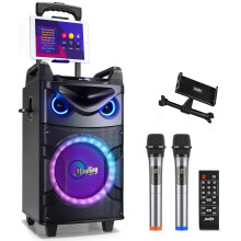 Moukey Karaoke Machine,10 Inch Subwoofer PA System,Bluetooth Speaker with 2 Wireless Microphones,Tablet Holder,Disco Lights,Remote,Wheels,Supports Bas