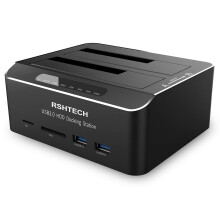 RSHTECH Hard Drive Docking Station, Aluminum Dual Bay SATA Dock for 2.5 & 3.5 Inch SSD HDD, Tool-Free Hard Disk Caddy with 2x USB 3.0 and SD/TF Slots,