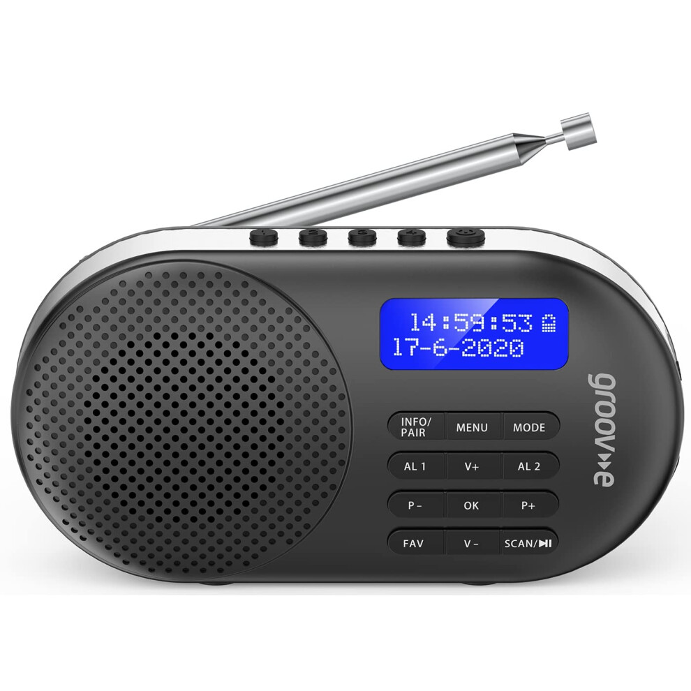 Groov-e Milan Rechargeable DAB & FM Digital Radio - Built-In Alarm Clock & Bluetooth Connectivity - LCD Display - USB or Battery Operated - Portable Radio - 60 Preset Stations - Black - Image 2