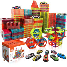 Magnetic Tiles Building Block with 10 Metal Cars for Kids Construction STEM Toy Preschool Creativity Learning Toys Christmas Birthday Gift for Girls B