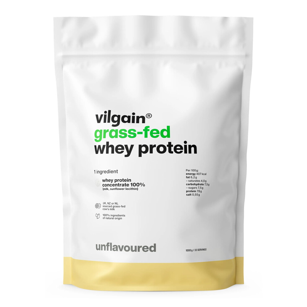 Vilgain Grass-Fed Whey Protein Powder Unflavoured 1000G | 23G Protein Per Serving | British Sourced | No Artificial Sweeteners