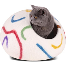 MEOWFIA Cat Cave – Premium Felt Cat Bed for Indoor Cats, Handmade Merino Wool (Ivory Rainbow, Large)