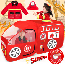 W&O Fire Truck Play Tent with Siren Button, Firefighter Hat, Jacket & Hose – Ultimate Firefighter Pop-Up Tent for Toddlers & Kids