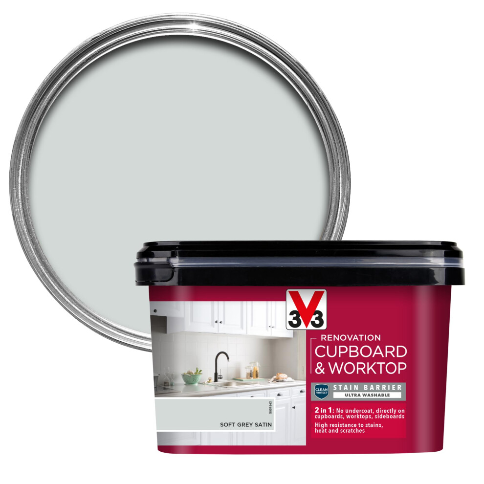 V33 Renovation Cupboard & Worktop Paint - No Undercoat Needed - High Resistance To Water Stains & Scratches - Ultra Washable - Soft Grey Satin 2L 3153895181075