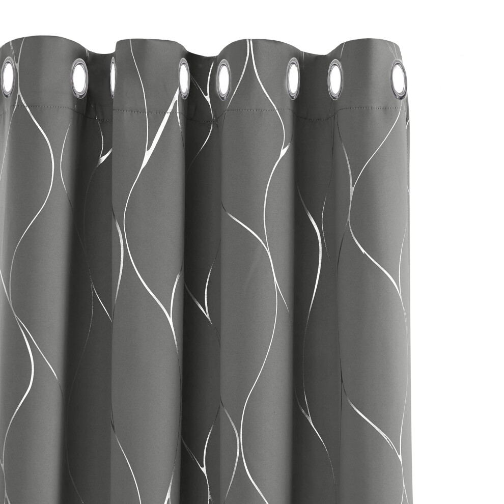 Eyelet Room Darkening Curtains, Window Treatment Wave Line Foil Printed Blackout Curtains For Nursery, 66 X 72 Inch(Width X Length), Silver Deconovo