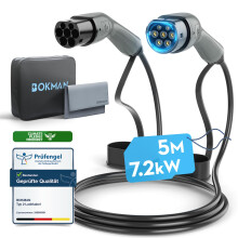 bokman Type 2 EV Charging Cable, Mode 3 / 32A / 7.2KW / 1 Phase / 5 Meter, Electric Vehicle Car Plug-in Hybrid Type 2 to Type 2 Fast Charging Cable