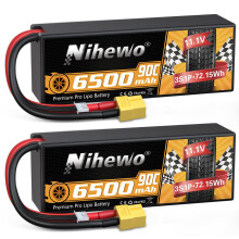 Nihewo 3S Lipo Battery Pack,2Packs 11.1V Lipo Battery 6500mAh 90C Hard Case Lipo Batteries XT60 Connector Compatible with 1/8 1/10 RC Car Truck Truggy