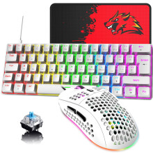 60% UK Layout Wired Gaming Keyboard and Mouse 62Keys Mini Compact Mechanical Keyboard, 19 Rainbow Backlit Full Anti-ghosting Keys+6 RGB Backlit 6400 D