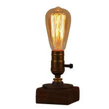 JINYU Weathered Wood Night Light Table Lamp Vintage Desk Lamp E26/E27 Edison Bulb Wooden Base Retro Industrial Steampunk Iron Pipe Flange Dimmable Nig