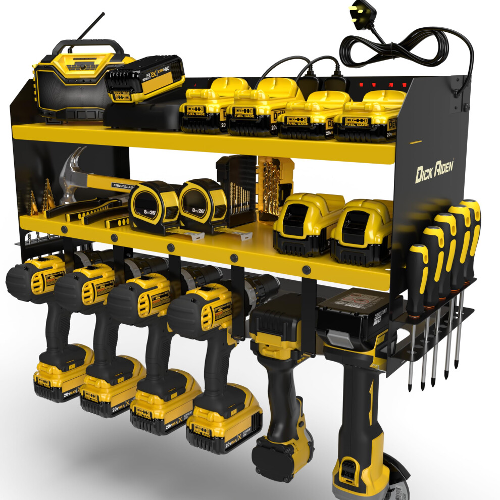 Toolganize Power Tool Organiser, Storage Rack With Power Strip Charging Station, Heavy-Duty For Workshop & Garage Tools - 6 Slot, Yellow. 5065003636057