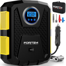 FORTEM Car Tyre Inflator 150 PSI, Air Compressor, Electric Air Pump for Car Tyres, Digital Pump w/Auto Shut Off, Carrying Case, 12V DC (Yellow, Standa