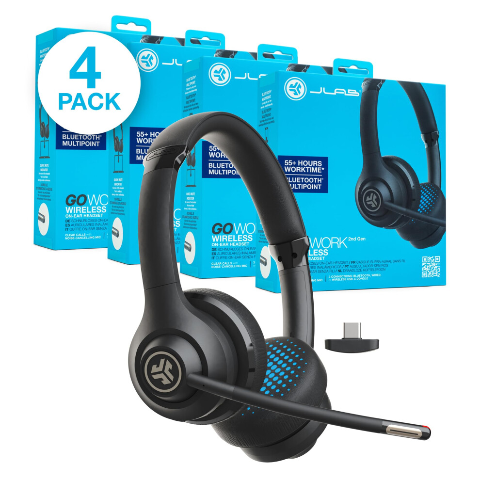 Jlab Go Work 2Nd Gen Wireless Headset With Microphone - 55+H Pc Bluetooth Headset Or Usb C Dongle, Noise Cancelling Mic, Multipoint, On Ear Wired Or W