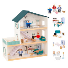 OOOK Wooden Dolls House for Kids, Dollhouse with Simulated Luxury Furniture Set, Pretend Playset Doll House for Girls Toddlers (Including 4 Family Dol