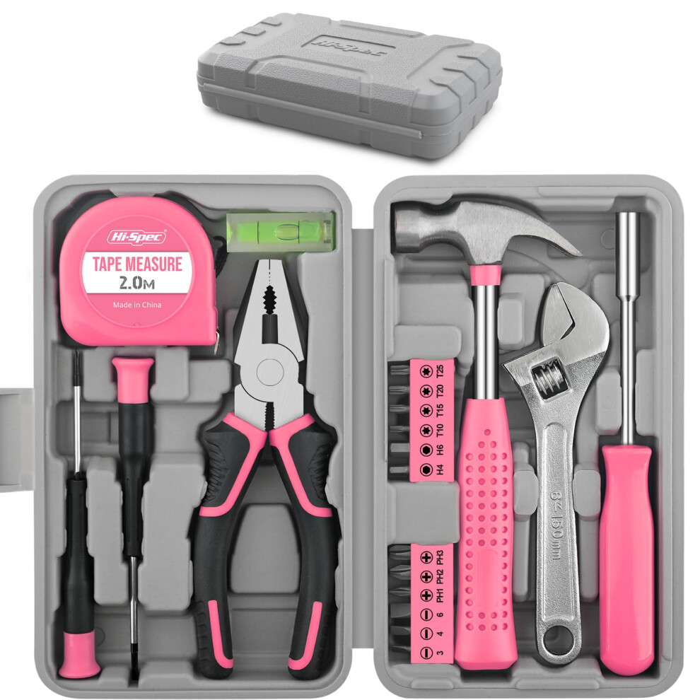 Hi-Spec Pink Tool Set 20-Piece. Ladiesâ Starter Basic Hand Tools In A Compact Toolbox Case For Household And Office Repairs And Maintenance. 6945583102472