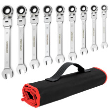 HYCHIKA Ratchet Spanner Set 9pcs, Flexible Combination Wrench 6-19 mm, Flex-Head Spanner Sets, Combination Spanner in Roll Bag for Car Repairing, Indu