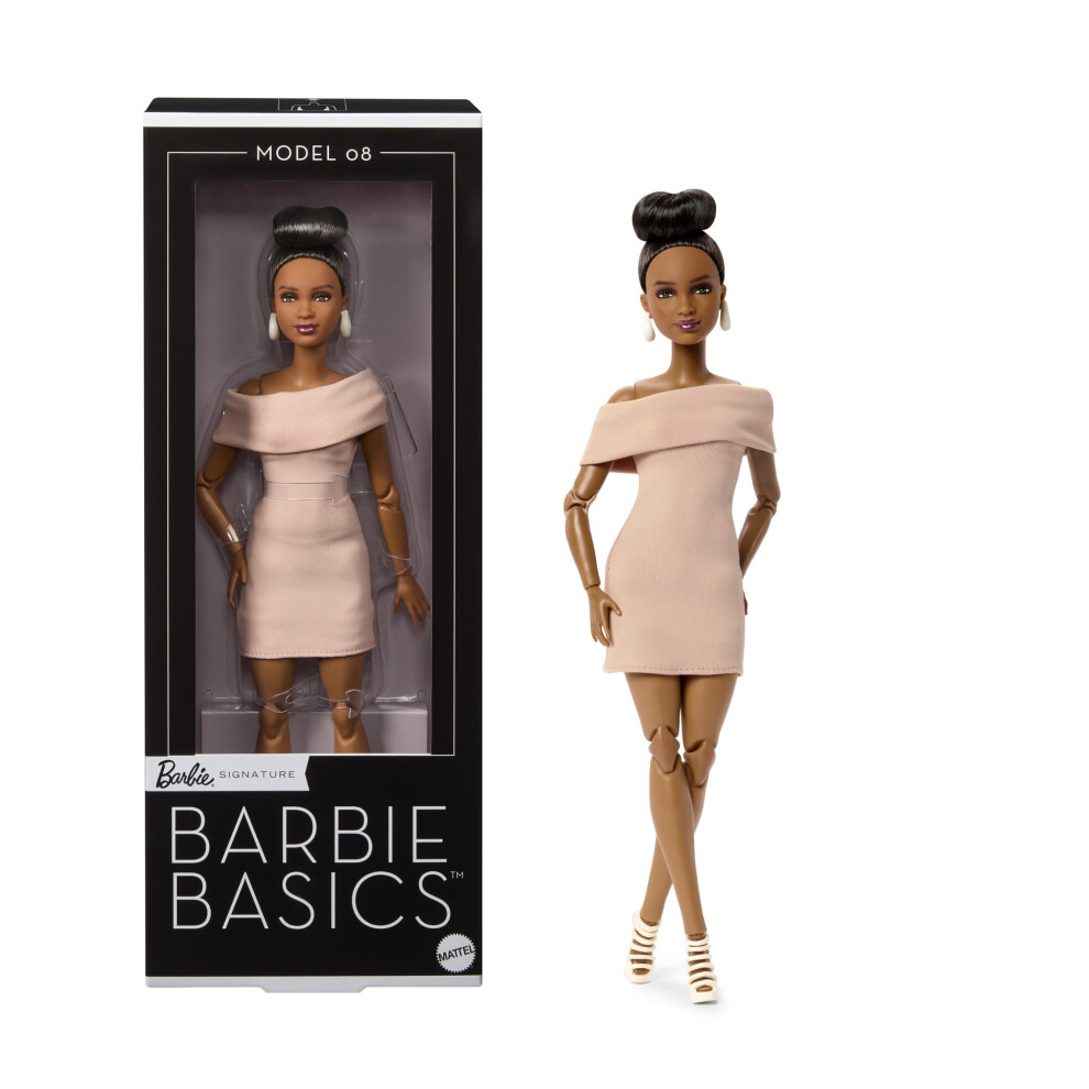 Barbie Basics Model Collector Fashion Doll 08 With Brunette Hair In Tan Dress & Strappy Heels, Universal-Fit Fashions & Posable Body, Jjx27