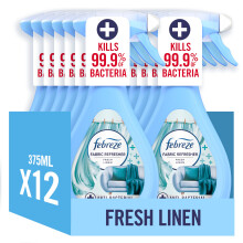 Febreze Antibacterial Fabric Freshener Spray Fresh Linen 12 x 385ML, Kills 99.9 percent Of Bacteria, Fights Tough Odours And Freshens