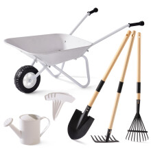 ROBUD Kids Wheelbarrow with Gardening Tools Set, Metal Wheelbarrow with Long Shovel, Hoe, Rake, Watering Can & Plant Labels, Kid Garden Tools Kit, Out