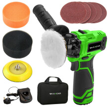 Waxacar Cordless Mini Car Polisher Kit with 2 Speed Settings, 12V Battery Powered Buffer Polishing Detailing Set, Includes Flat Foam, Sandpaper & Faux
