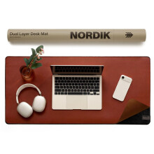 Nordik Felt and Leather Desk Mat - Emberwood Brown - 89 X 43cm Felt and Vegan Leather Desk Blotter with Document Hideaway - Large Computer Mats for De