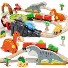 Lehoo Castle Wooden Train Set, Dinosaur Train Track Railway Toys for 3 4 5 Year Olds Boys Girls, Kids Wooden Toys Birthday Gifts for Toddlers 2-5