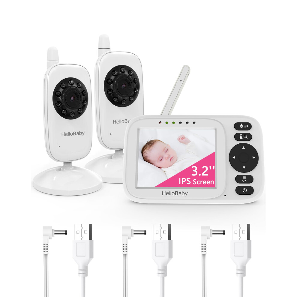 Baby Monitor With 2 Cameras, 3.2'' Screen, Night Vision, Two-Way Talk, Vox/Eco Audio Mode, No Wifi Temperature Monitoring, 8 Lullabies, 1000 Hellobaby