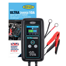 RING ULTRACHARGE 10A Smart Car Charger & Battery Maintainer With Alternator Testing And Power Supply Mode - Compatible With Lithium Ion, Lead Acid, Ge