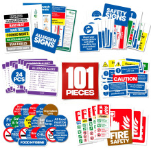 101pc Complete Kitchen Safety Signs Set - Gloss Self Adhesive Vinyl Kitchen Essentials Food Hygiene Stickers, Allergen Stickers & More - Water, Oil &