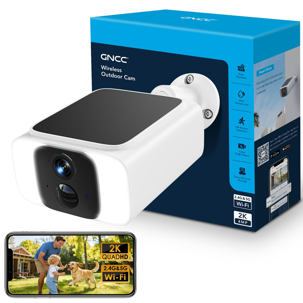 Gncc Gw20 Solar Security Camera Outdoor Wireless 2K, Outdoor Cctv Camera With Battery For Home Security, 2.4Ghz/5Ghz Wifi, Colour/Ir Night Vision, Pir 850070296779