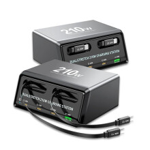 210W GaN Charger with 2 Retractable Cables, 6-Port USB C Charging Station (5C+1A), Dual 45W Ports for MacBook & Laptop, Full-Protocol Fast Charging Ho