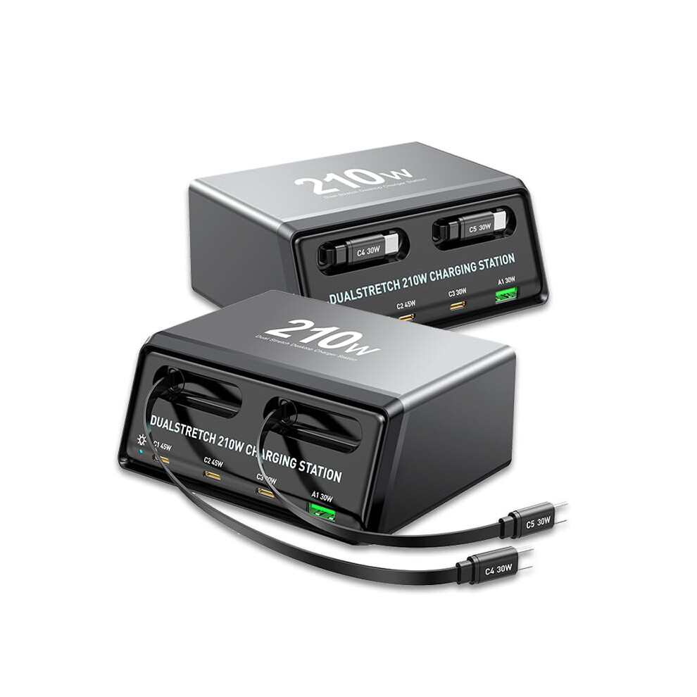 210W Gan Charger With 2 Retractable Cables, 6-Port Usb C Charging Station (5C+1A), Dual 45W Ports For Macbook & Laptop, Full-Protocol Fast Charging Ho 760472255932