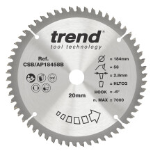 Trend Aluminium & Plastic Circular Saw Blade, 184mm Diameter, 16mm Bore, 58 Teeth, 2.8mm Kerf, -6 Hook, TCT, Extra-Fine Finish, CSB/AP18458