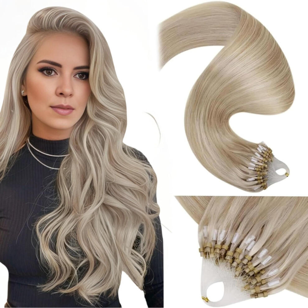 Laavoo Unisex Silver Micro Bead Hair Extensions 22 Inch Real Human Remy Straight Highlight Ash Blonde & Platinum Blonde Invisible Micro Ring Hair Extensions 50G 50S