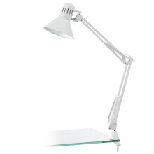 Eglo Firmo Clamp-on Industrial Desk Lamp, Vintage Bedside Light in White Steel and Plastic, Retro Office Table Lighting, E27 Socket, Incl. Switch
