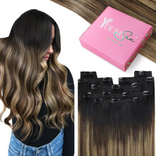 YoungSee Human Hair Extensions Clip in 12inch 80g,Double Weft Clip in Hair Extensions Black Ombre Dark Brown with Blonde,for Beginners,Short Straight